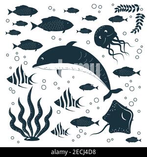 Flat hand drawn sea underwater animals silhouettes set, fish, whale, dolphin, squid, seahorse, stingray, crab and water bubbles. Vector illustration Stock Vector