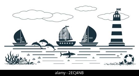 Graphc sea background with ships, sailing boats, lighthouse, shark, fish, dolphins, anchor and algae. Flat style vector elements for summer travel, ad Stock Vector