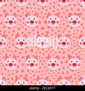 Vector flat animals colorful illustration for kids. Seamless pattern with cute pig face on pink polka dots background. Adorable cartoon character Stock Vector