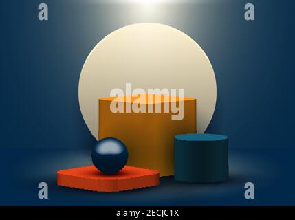 3D realistic geometric shapes blue, yellow, red color product shelf standing backdrop with circle blank pedestal podium display on dark blue backgroun Stock Vector