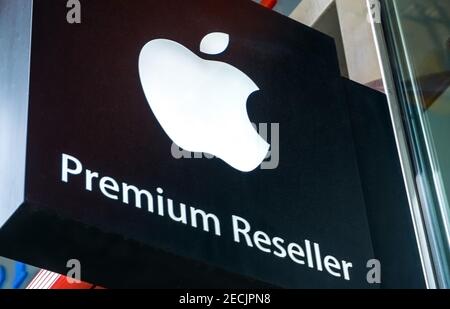 Vienna Austria June.12 2020, Apple Mac logo on sign store of a Premium Reseller Stock Photo