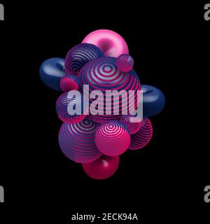 Abstract 3D blue and pink gradient color decorative realistic balls flying random on black background. Modern design three-dimensional spheres composi Stock Vector