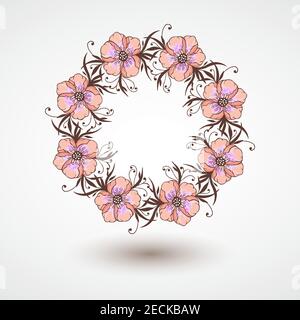 Vector wreath of hand drawn flowers, branches and leaves. In pink and brown colors. Stock Vector