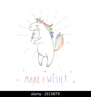 Vector illustration of hand drawn cute unicorn with magic wand and text Vector illustration of hand drawn sleeping unicorn with toy rabbit and text MA Stock Vector