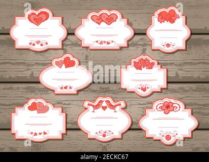 Vector set of labels with Valentine's Day elements: hearts, flowers and love birds. In pink color. Stock Vector