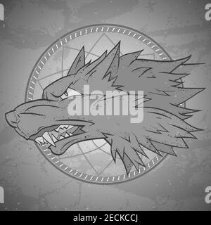 Vector illustration with wolf's head and dreamcatcher on grange background. Roaring wolf. Stock Vector