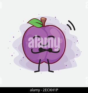 Vector Illustration of Plum Fruit Character with cute face, simple hands and leg line art on Isolated Background. Flat cartoon doodle style. Stock Vector