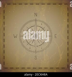Vector illustration with a vintage compass or wind rose and frame on grunge background. With basic directions North, East, South and West., Vector ill Stock Vector