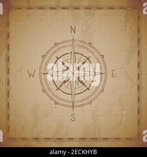 Vector illustration with a vintage compass or wind rose and frame on grunge background. With basic directions North, East, South and West., Vector ill Stock Vector
