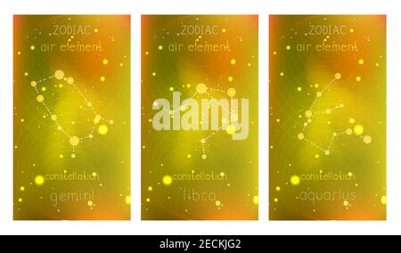 Set of three cards with Zodiac constellations and geometric symbol against abstract background with stars. Collection of the Air elements: gemini, lib Stock Vector