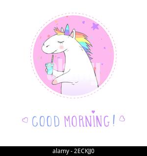 Vector sticker or icon with hand drawn cute unicorn, coffee and text - GOOD MORNING! On withe background. For your design. Cartoon style. Colored. Stock Vector