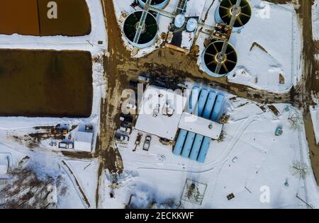 Aeration station, sewage treatment plant wastewater treatment plant. Aerial drone view