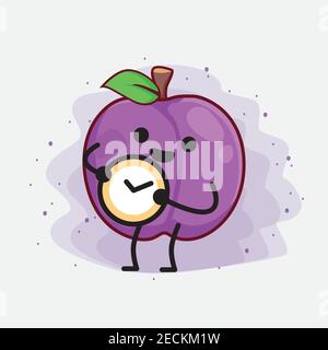 Vector Illustration of Plum Fruit Character with cute face, simple hands and leg line art on Isolated Background. Flat cartoon doodle style. Stock Vector