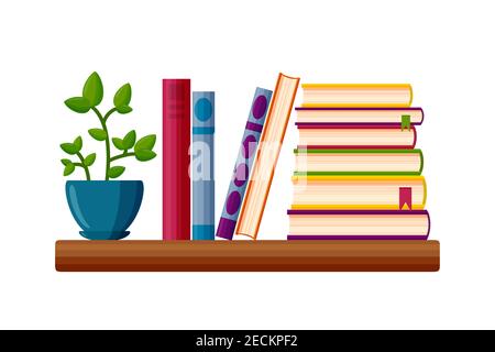 Bookshelf with potted plant. Books in cartoon style. Vector illustration isolated on white background Stock Vector