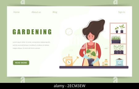 Gardening hobby website landing page. Woman replanting seedlings in orangery. Vector illustration in flat cartoon style. Domestic plants nursery and Stock Vector