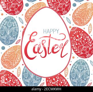 Happy Easter. Square card with festive pattern, eggs with folk ornaments and lettering word. Vector card with Easter treat. Banner with eggs with a na Stock Vector