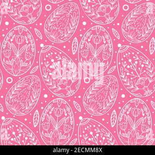 Seamless pattern with contour Easter eggs. Holiday wallpaper with white outline of holiday treats on pink background. Delicate fabric with folk patter Stock Vector