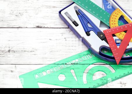 School supplies on a white wooden table Stock Photo