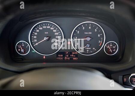 GRODNO, BELARUS - JUNE 2020: BMW X3 II F25 2.0i xDrive Rev counter of car selective focus closeup with copyspace Tachometer or revolution counter, RPM Stock Photo