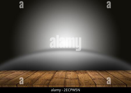 empty wooden table with smoke float up on dark background Stock Photo