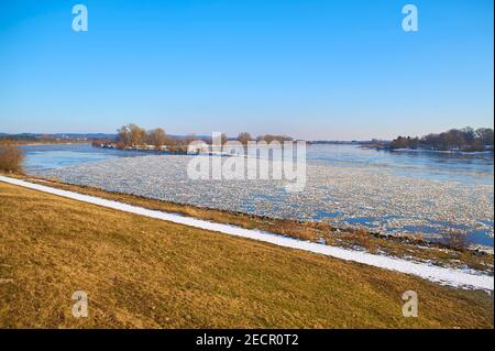 Drifting shelf ice on river Elbe Stock Photo