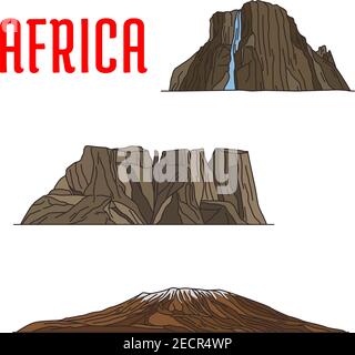Travel landmarks of Africa thin line icon. Famous african natural landmarks with linear Kibo summit of Kilimanjaro mountain, Drakensberg or Dragons mo Stock Vector