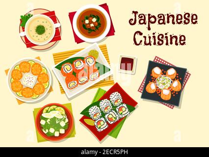 Japanese cuisine dinner icon with sushi rolls with caviar and sesame, wasabi and soy sauce, salmon rolls, shiitake and seaweed soup, spinach chicken s Stock Vector