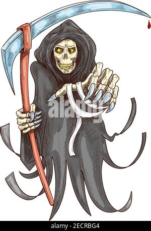 Death reaper in robe with scythe. Halloween scary horror grim with grabbing stretched hand. Color sketch icon for decoration element of greeting cards Stock Vector