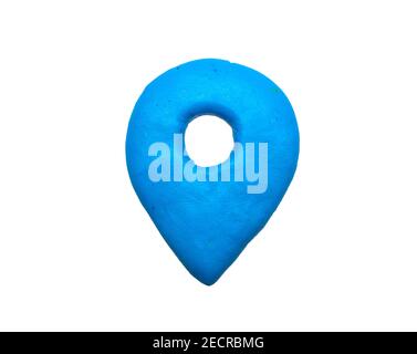 Modelling clay navigation sign on white background. Blue pointer isolated. Navigation pointer in naive nursery style. Children modeling clay sign. Han Stock Photo