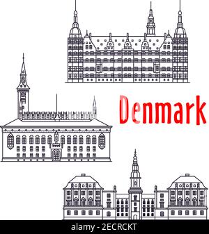 Symbolic travel landmarks of Denmark icon with Copenhagen City Hall on the City Hall Square, palatial complex Frederiksborg Castle, government buildin Stock Vector
