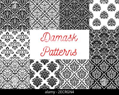 Damask pattern set of black and white seamless background with floral arabesque ornaments. Interior textile print or wallpaper design Stock Vector