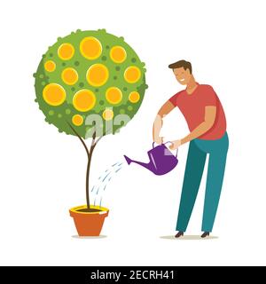 Businessman with watering can and tree with money. Finance, investment concept vector illustration Stock Vector