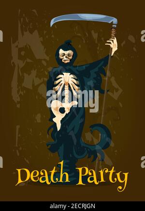 Halloween Death Party banner. Vector character of skeleton skull in black robe with scythe. Decoration design template for Halloween poster, invitatio Stock Vector