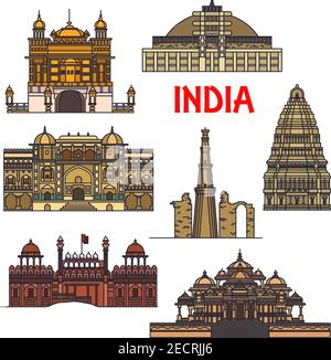 Travel landmarks of indian architecture thin line icon with minaret Qutub Minar, buddhist Great Stupa, Red Fort, sikh Golden Temple, Virupaksha Temple Stock Vector