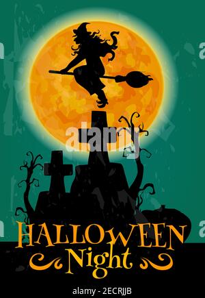 Witch on broom flying to Halloween night party over scary graveyard cemetery with cross and tombs. Invitation, greeting card, placard design template Stock Vector
