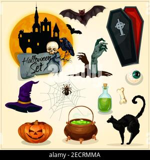 Horror decoration elements for Halloween design. Witch hat, magic cauldron, zombie hands on graveyard, haunted castle, vampire coffin, black cat and b Stock Vector