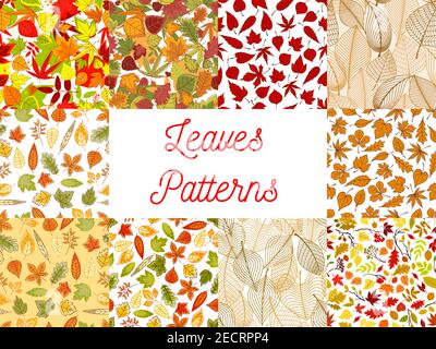 Autumn leaves seamless patterns with set of autumnal backgrounds with yellow and orange fallen leaves, tree branches, acorns and rowanberry fruits Stock Vector