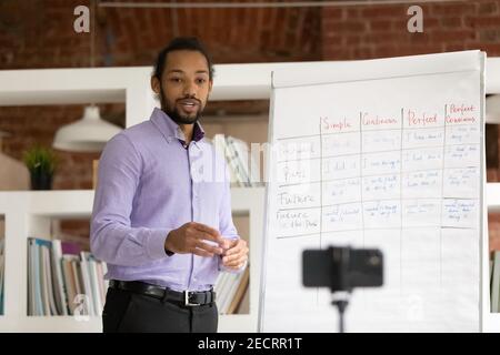 Young African American teacher have online lesson Stock Photo