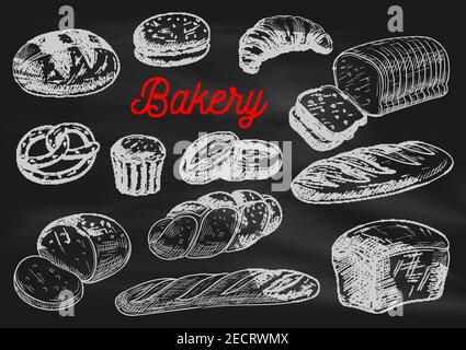 Bread chalk sketches on blackboard vector design of bakery and pastry ...