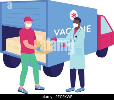Vaccine courier with doctor flat color vector faceless characters Stock Vector