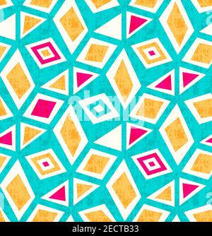 Geometry summer grunge seamless pattern. Triangle, square bright yellow, red., turquoise on whtie background. Vector illustration for cloth, wrapping Stock Vector