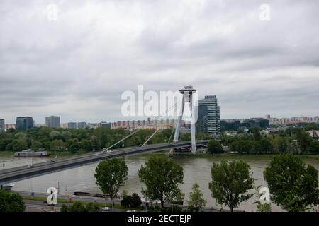 Most SNP ('Bridge of the Slovak National Uprising'), or the UFO Bridge, and named 'New Bridge' from 1993 to 2012, is a road bridge over the Danube in Stock Photo