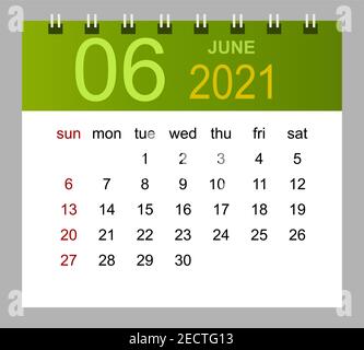 Template of calendar for June 2021. Week starts Sunday. Isolated vector illustration. Stock Vector