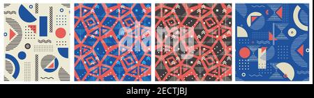 Geometry seamless memphis pattern set. Triangle, square grey. blue, pink on whtie background. Vector illustration for male clothes, fabric. Stock Vector