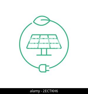 Sun energy logo. Solar panel inside circle with a leaf and a plug. Green energy concept. Sustainable energy sources. Solar power symbol. Vector Stock Vector