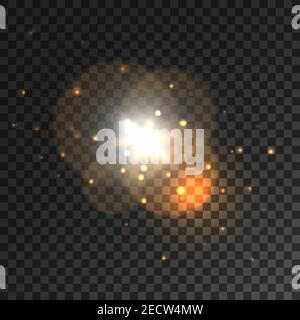 Glittering golden light sparks with lens flare effect. Sparkling particles dispersing from bright star on transparent background Stock Vector