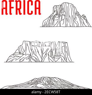 Historic landmarks, sightseeings, famous showplaces of Africa. Vector thin line icons of Mount Kilimanjaro, Tirel Waterfall, Drakensberg for souvenir Stock Vector