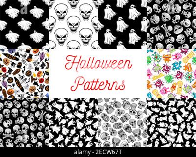 Halloween seamless pattern backgrounds with cartoon scary characters and elements. Wallpaper icons of ghost, skull, bat, spider, cemetery, monster, ph Stock Vector