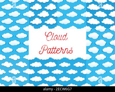 Cartoon cumulus clouds in blue sky. Seamless pattern backgrounds. Wallpaper and cloud icons for decoration Stock Vector