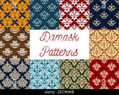 Damask ornamental decoration patterns. Luxurious royal ornaments and imperial decorative wallpapers Stock Vector